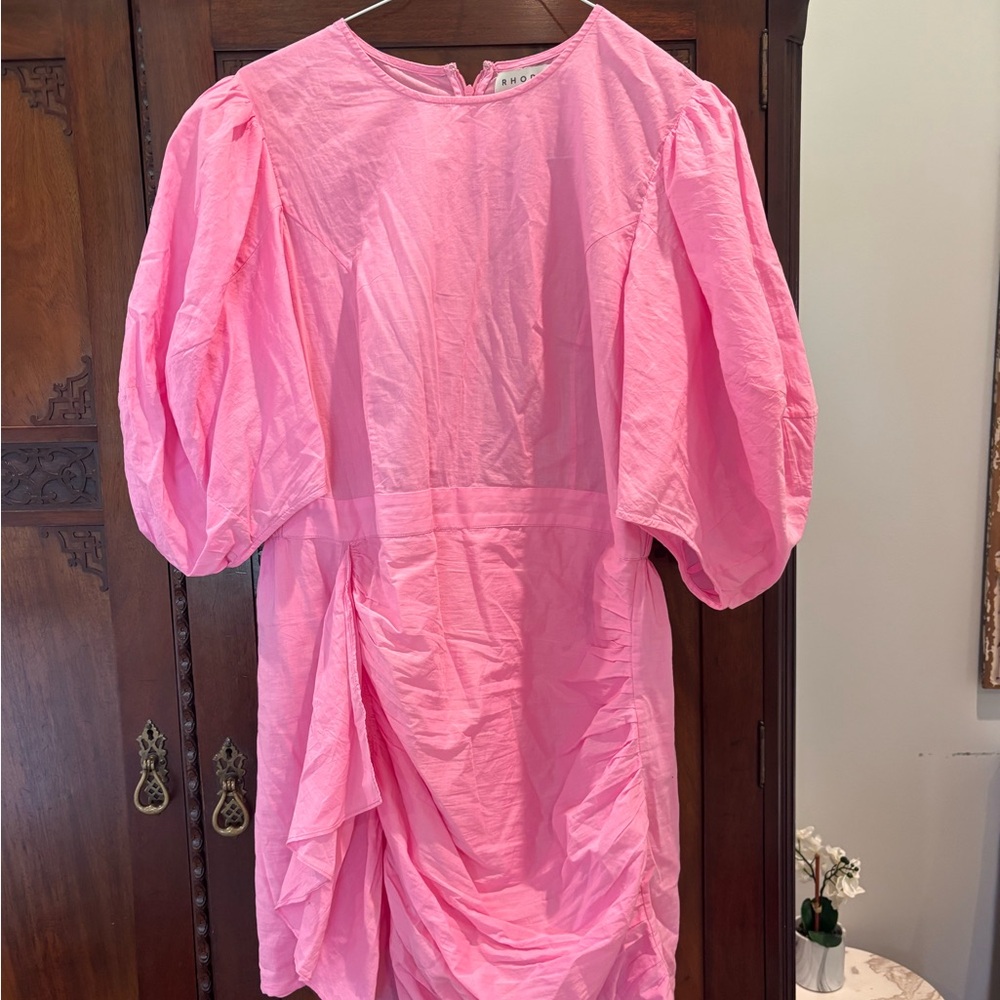 RHODE Pink Puff-Sleeve Ruched Midi Dress